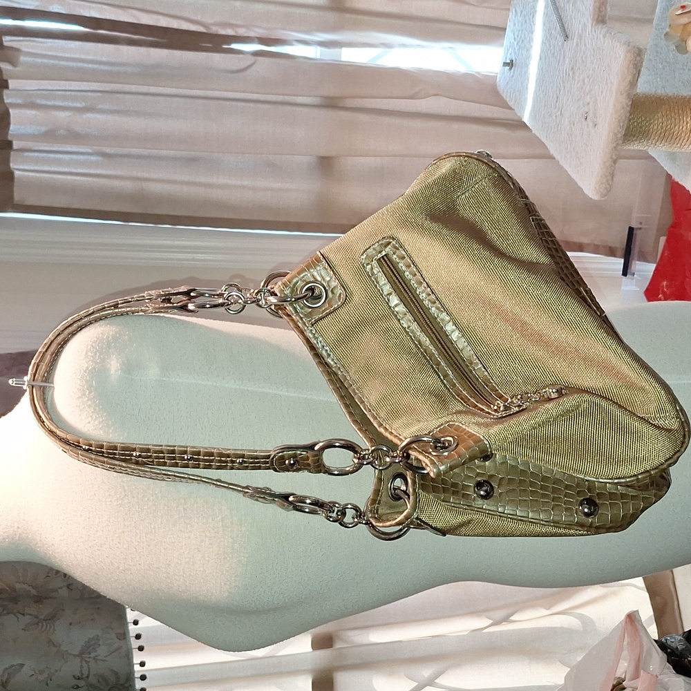 🐰☮VINTAGE☮ KATHY VAN ZEELAND Gold Fabric/Croc Leather Hobo